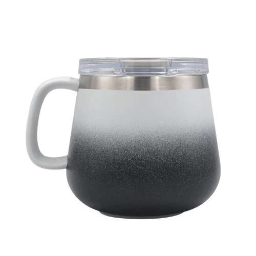 A handled insulated mug with a clear lid, featuring a white-to-black gradient design with fine speckling, set against a plain white background.