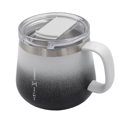 A Next Time Lesedge insulated mug with a white handle, featuring a black-to-white ombre gradient body, a stainless steel band, and a clear lid with a white insert, shown on a white background.