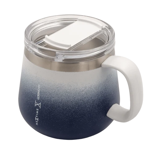 A ceramic mug with a white handle and a clear lid, featuring a dark-to-light gradient design that fades from navy blue at the bottom to white at the top. The brand name 'MIXTIME X LEDBAYOU' is printed vertically on the side.