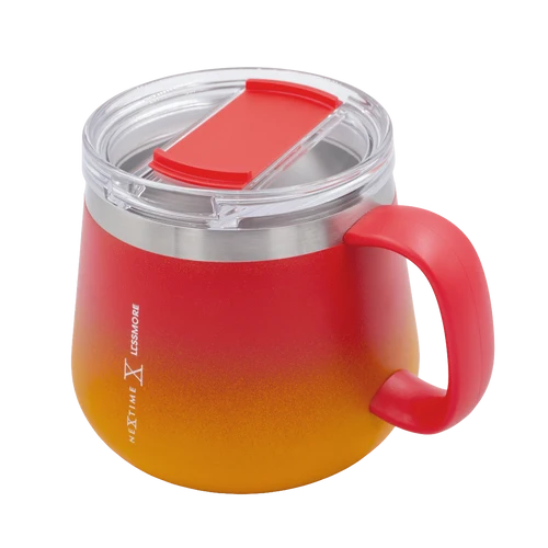 A stainless steel travel mug with a red-to-orange gradient finish, a clear lid with a red flip-up straw cover, and a red handle. The brand name 'LESSMORE' is printed vertically on the side.