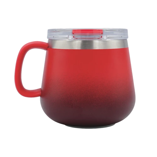 A red gradient insulated tumbler with a handle, clear lid, and stainless steel rim, shown on a plain white background.