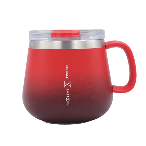 A red gradient stainless steel travel mug with a clear lid and red handle, featuring the vertical brand text 'NEXT TIME X LEMSMORE' on the front, set against a plain white background.