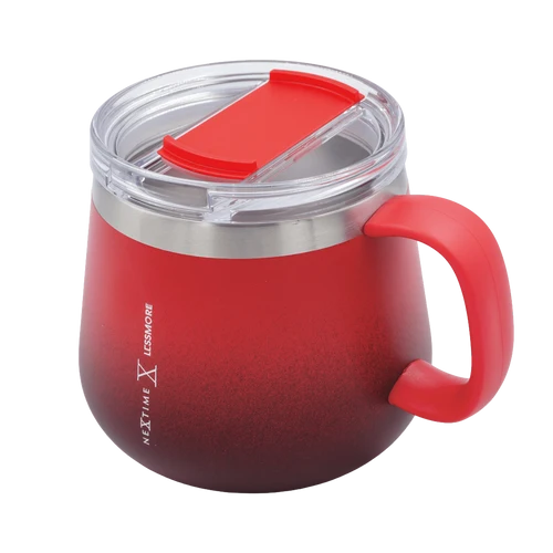 A red gradient insulated travel mug with a clear lid, red handle, and clear straw insert, shown on a white background.
