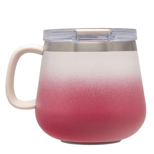 A handled insulated tumbler with a clear lid, featuring a white-to-pink gradient finish on a plain white background.