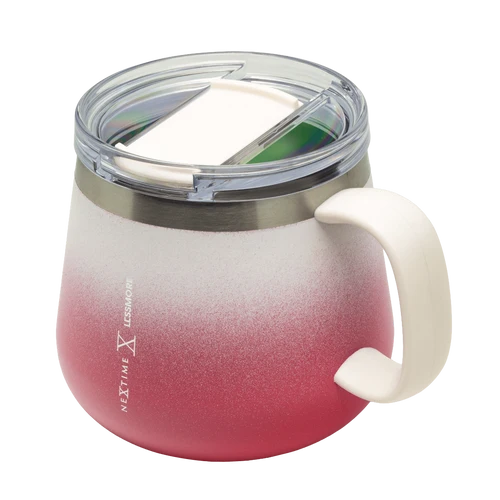 A Next Level Design insulated tumbler with a handle, featuring a frosted white-to-pink gradient body, a stainless steel rim, and a clear lid with a white insert, shown on a white background.