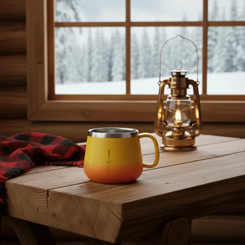 Yellow mug on a wooden table with a lantern and plaid blanket in front of a window with a snowy view.