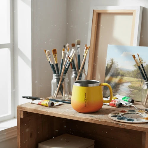 Yellow mug on a wooden table with art supplies and a painting in the background