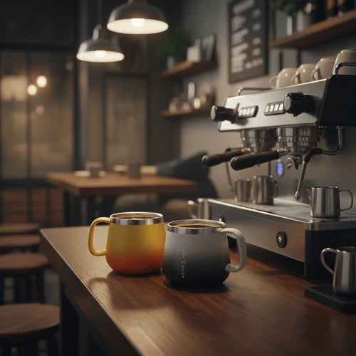 Two mugs on a bar counter next to an espresso machine in a dimly lit coffee shop.