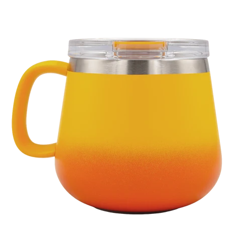 A handled insulated tumbler with a clear lid, featuring a yellow-to-orange gradient body and a stainless steel rim, shown on a plain white background.
