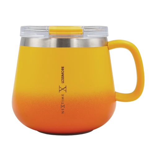 A yellow and orange gradient insulated tumbler with a clear lid and a stainless steel rim, featuring the vertical text 'NEXTIME LESSMORE' on the front.
