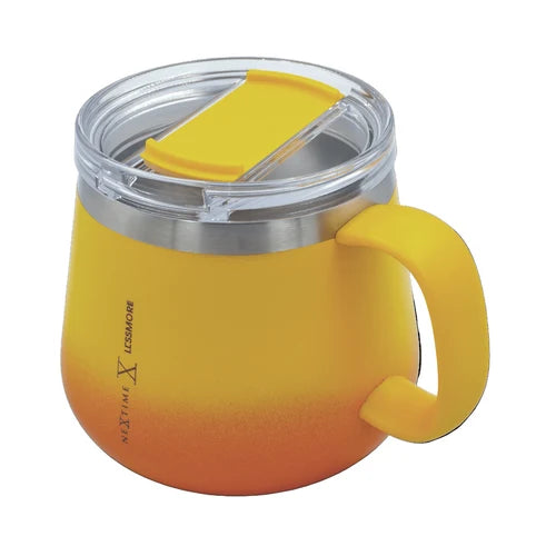 A yellow and orange gradient insulated travel mug with a clear lid and yellow flip-up straw, shown on a white background.