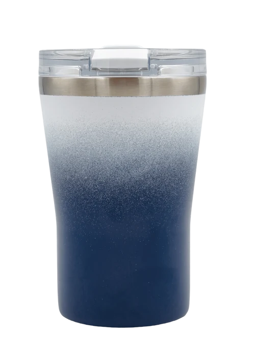 A stainless steel travel tumbler with a clear lid, featuring a white-to-blue ombre gradient design that fades from white at the top to a deep navy blue at the bottom.
