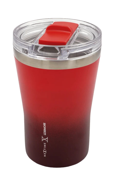 A red and black gradient insulated travel tumbler with a clear lid and red flip-top straw cover, shown on a plain white background.