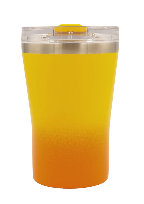 A travel tumbler with a yellow-to-orange gradient design, featuring a clear lid with a yellow flip-top straw cover, isolated on a white background.