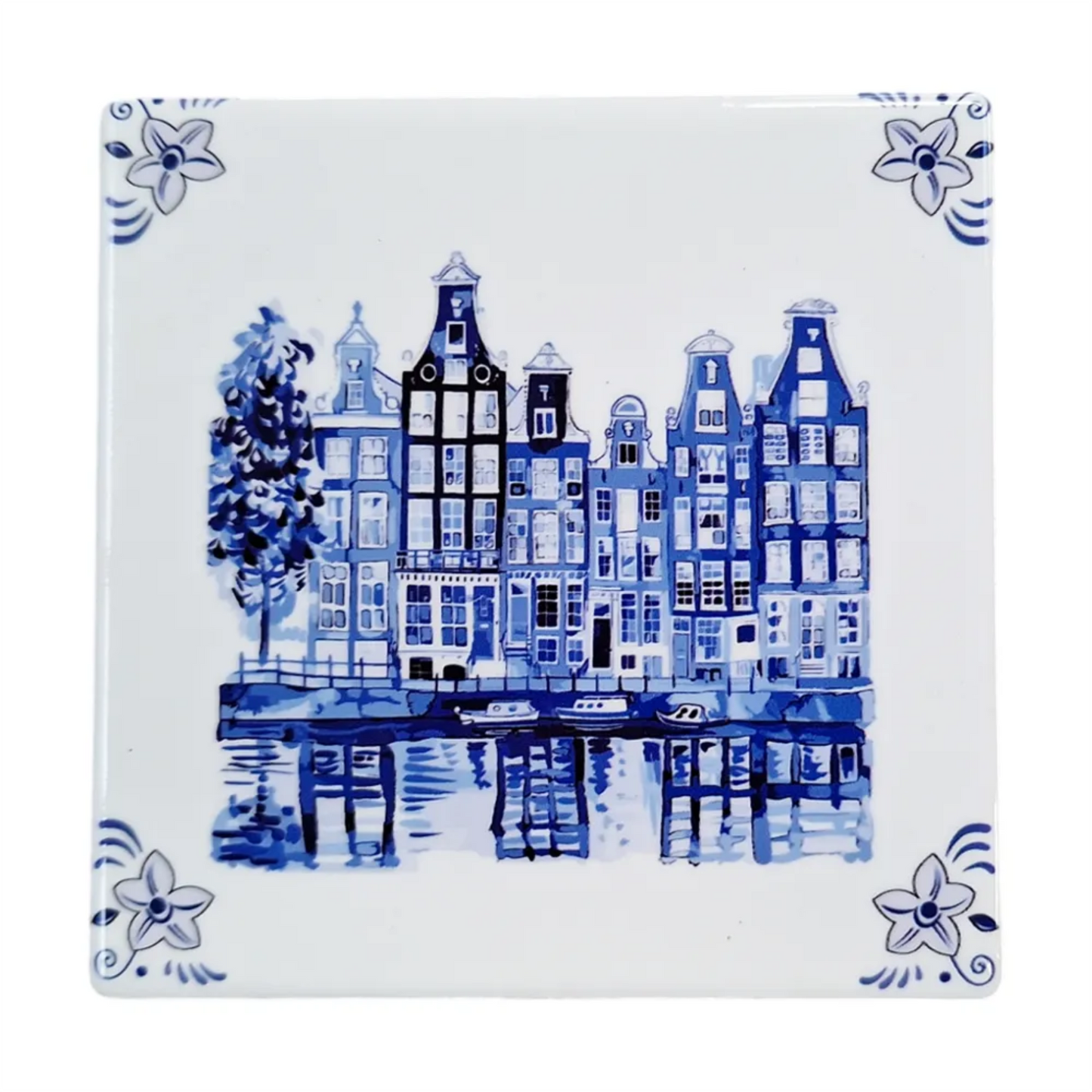 Set of 4 Delft Blue ceramic coasters with Amsterdam canal houses design 10x10 cm