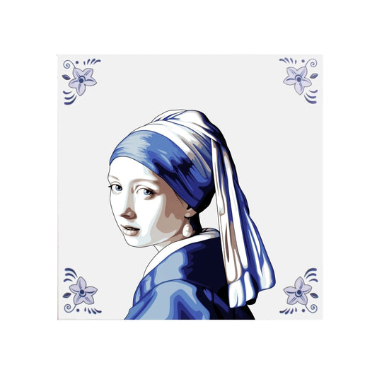 Delft Blue ceramic tile with Girl with a Pearl Earring design 15x15 cm