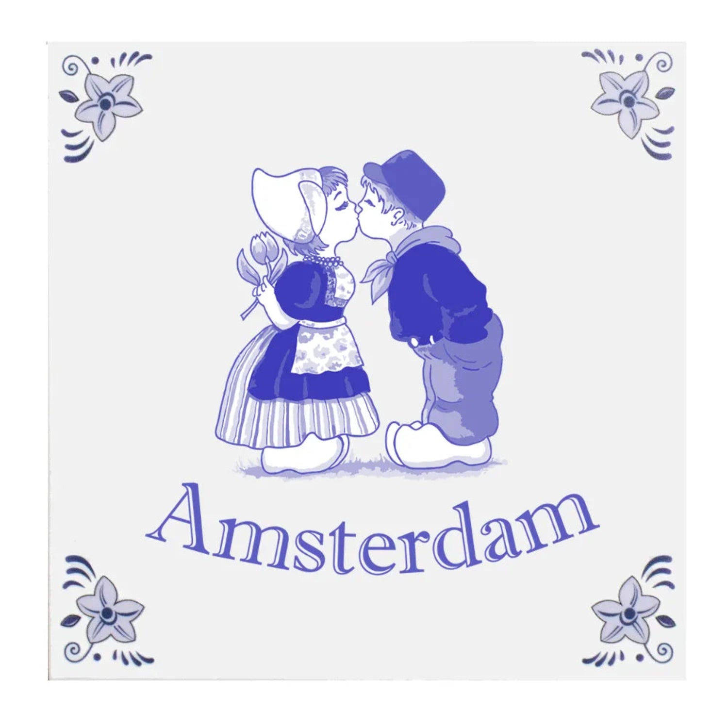 Delft Blue ceramic tile with kissing couple Amsterdam design 15x15 cm