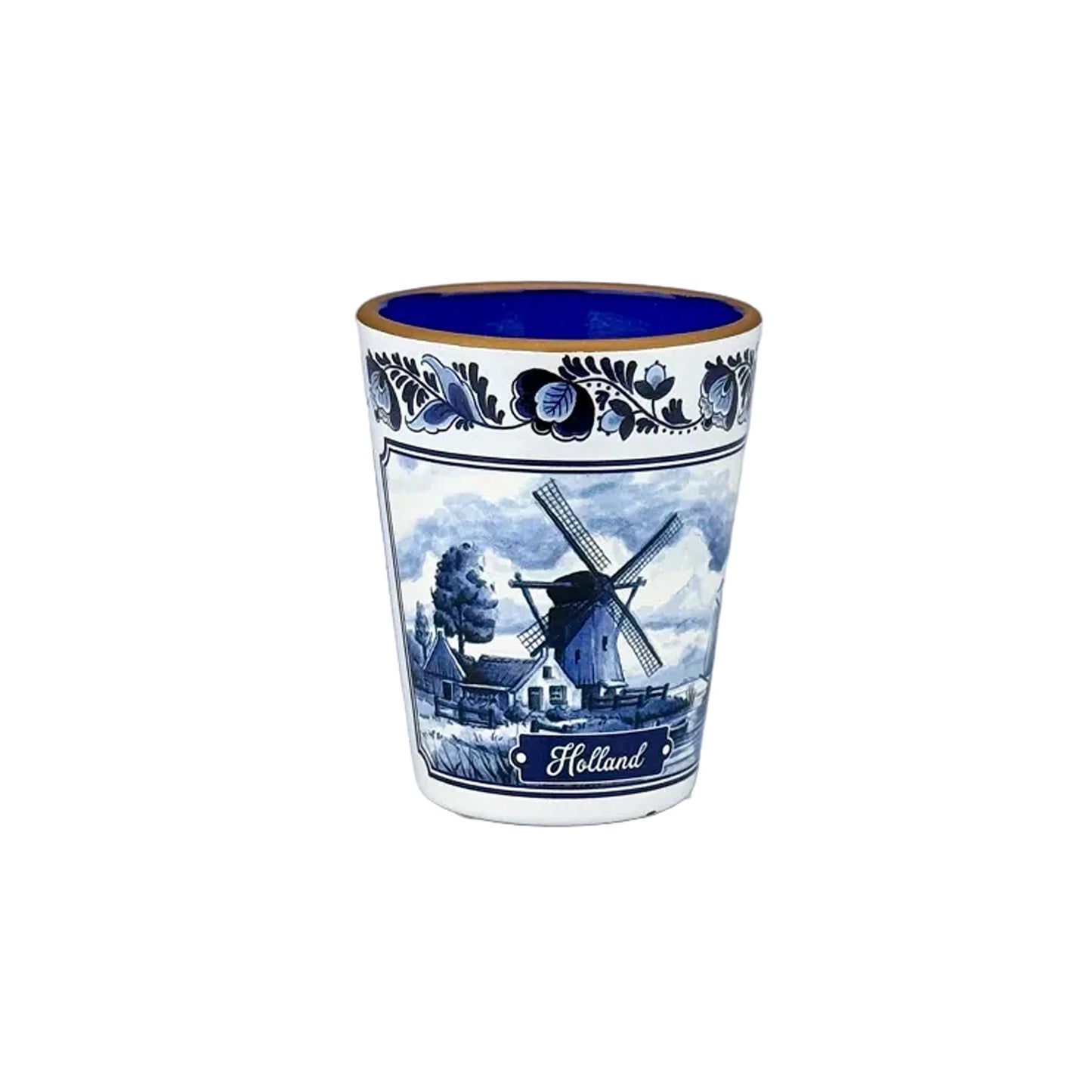Delft blue shot glass with Holland windmill design classic Dutch style