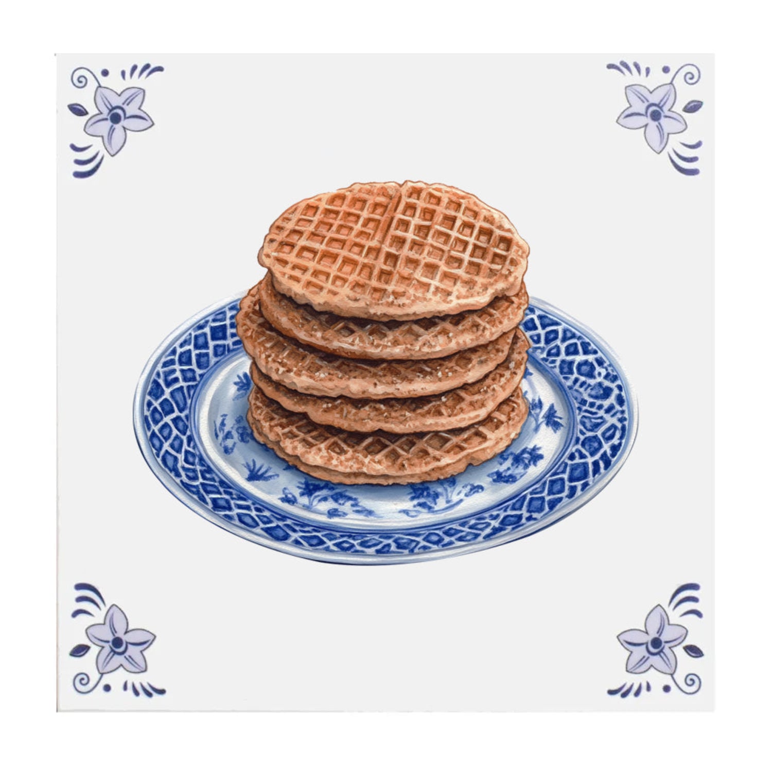 Delft Blue ceramic tile with Stroopwafels design 15x15 cm Dutch decoration