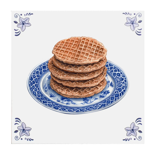 Delft Blue ceramic tile with Stroopwafels design 15x15 cm Dutch decoration