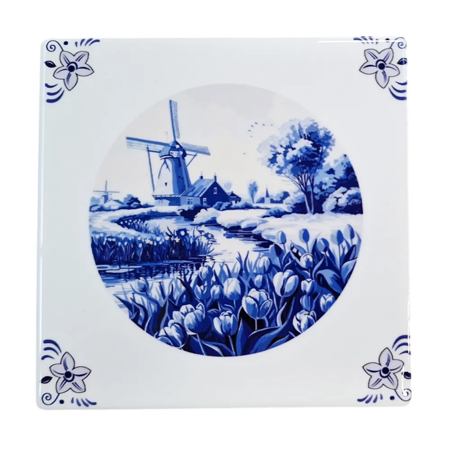 Set of 4 Delft Blue ceramic coasters with windmill design 10x10 cm