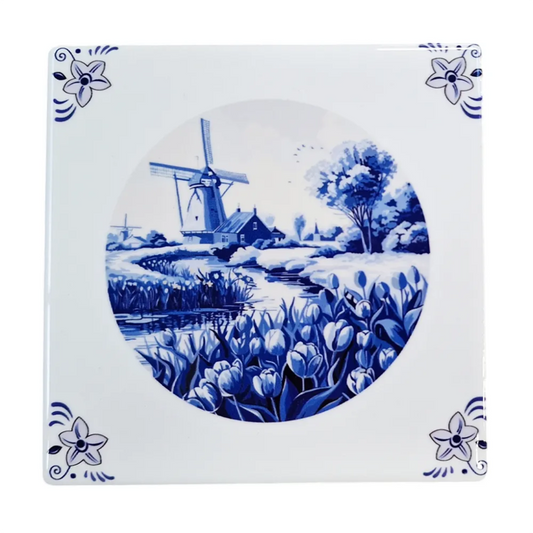 Set of 4 Delft Blue ceramic coasters with windmill design 10x10 cm