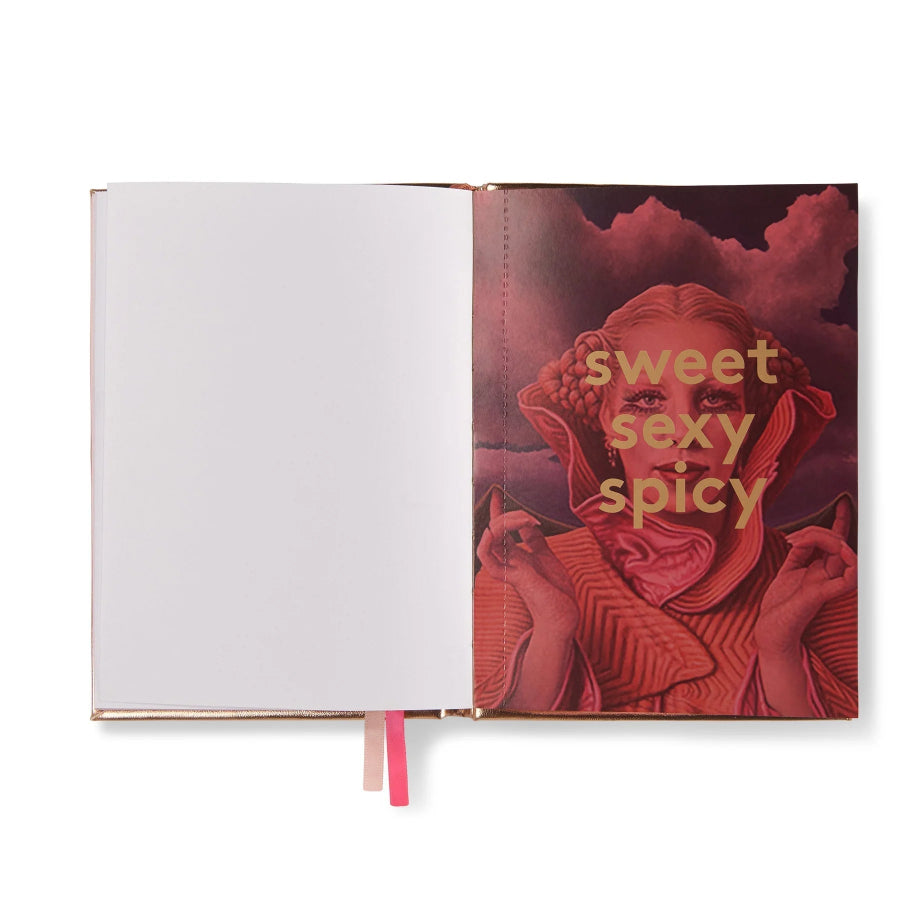 An open notebook or journal on a white background, showing a blank white left page and a right page with a red-toned illustrated portrait and the words 'sweet sexy spicy' in gold text.