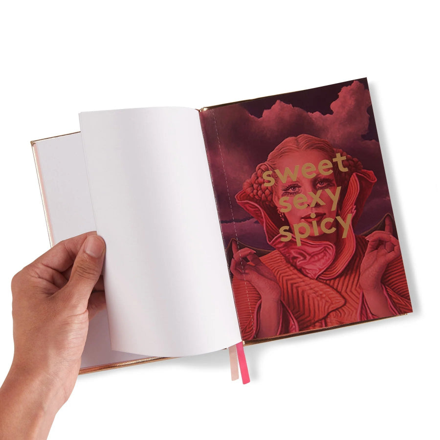 A hand holds an open book or notebook against a white background. The right page features a red-toned illustrated cover with the words 'sweet sexy spicy' in gold text over a stylized face, and the left page is blank white paper.