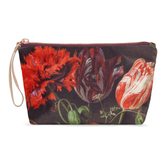 A rectangular zippered pouch with a wrist strap, featuring a vintage-style floral print with red, burgundy, and white tulips on a dark background.