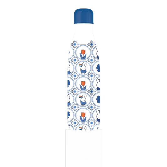 Reusable water bottle with a pattern of cartoon characters and blue lid on a white background