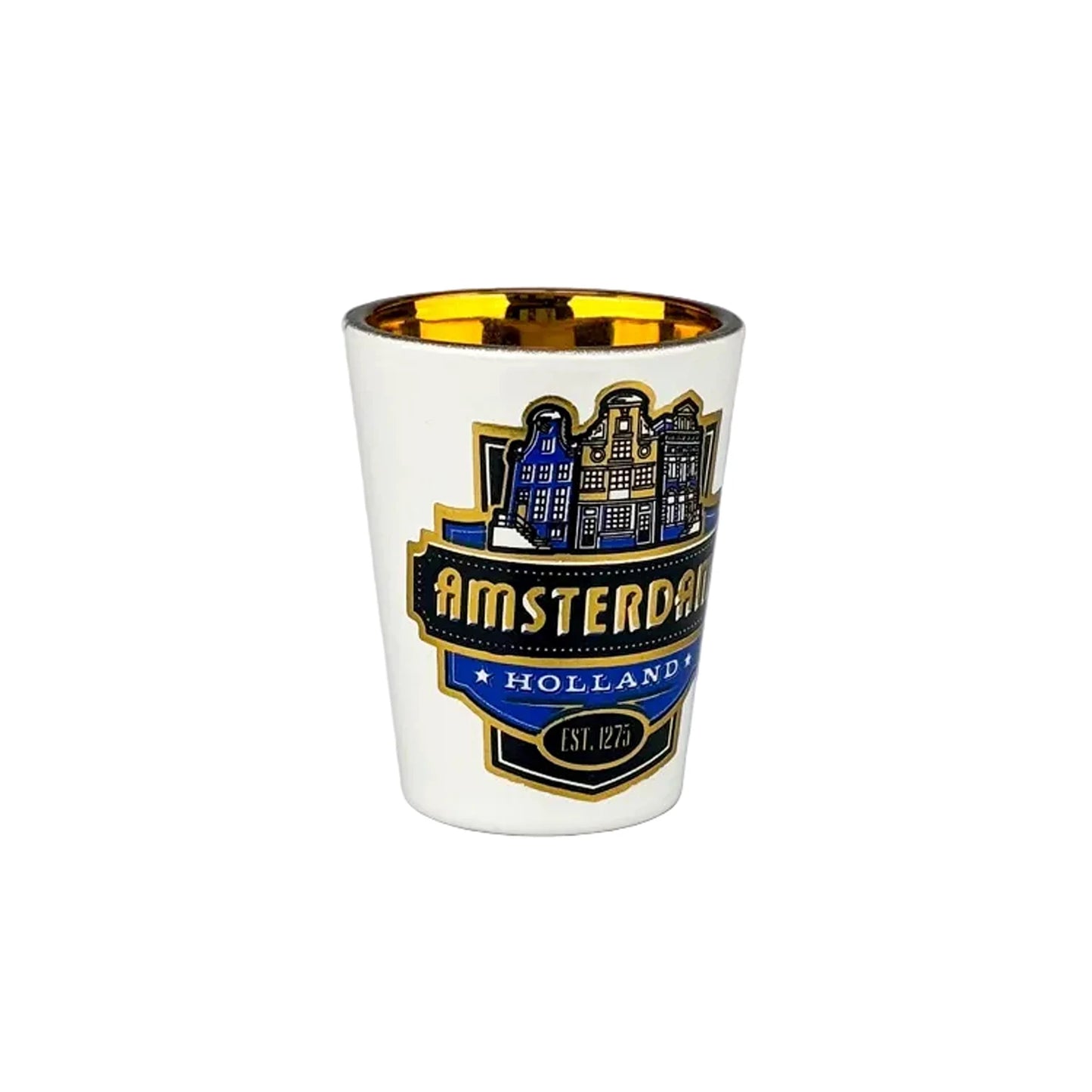 Blue shot glass with gold foil Amsterdam canal houses luxury souvenir