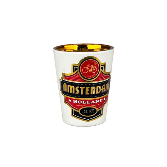 Red shot glass with gold foil bicycle Amsterdam luxury souvenir