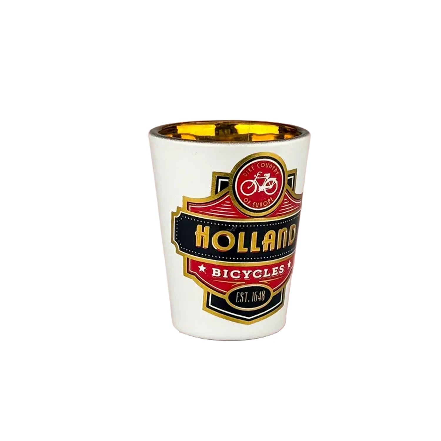 Red shot glass with gold foil bicycle Holland luxury souvenir