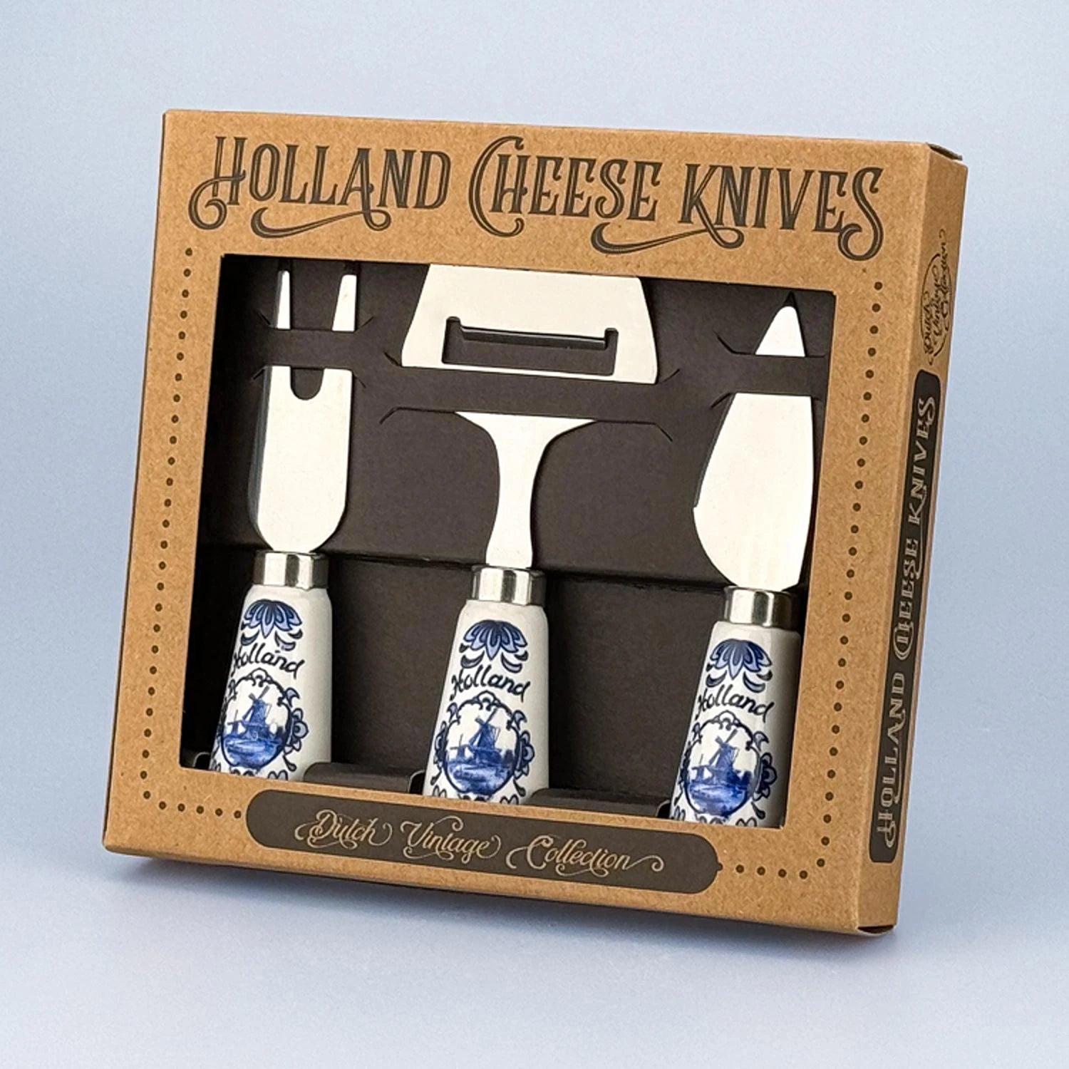 Holland cheese knife set with Delft blue windmill ceramic handles gift box