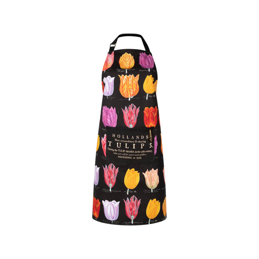Black kitchen apron with colorful Dutch tulip illustrations