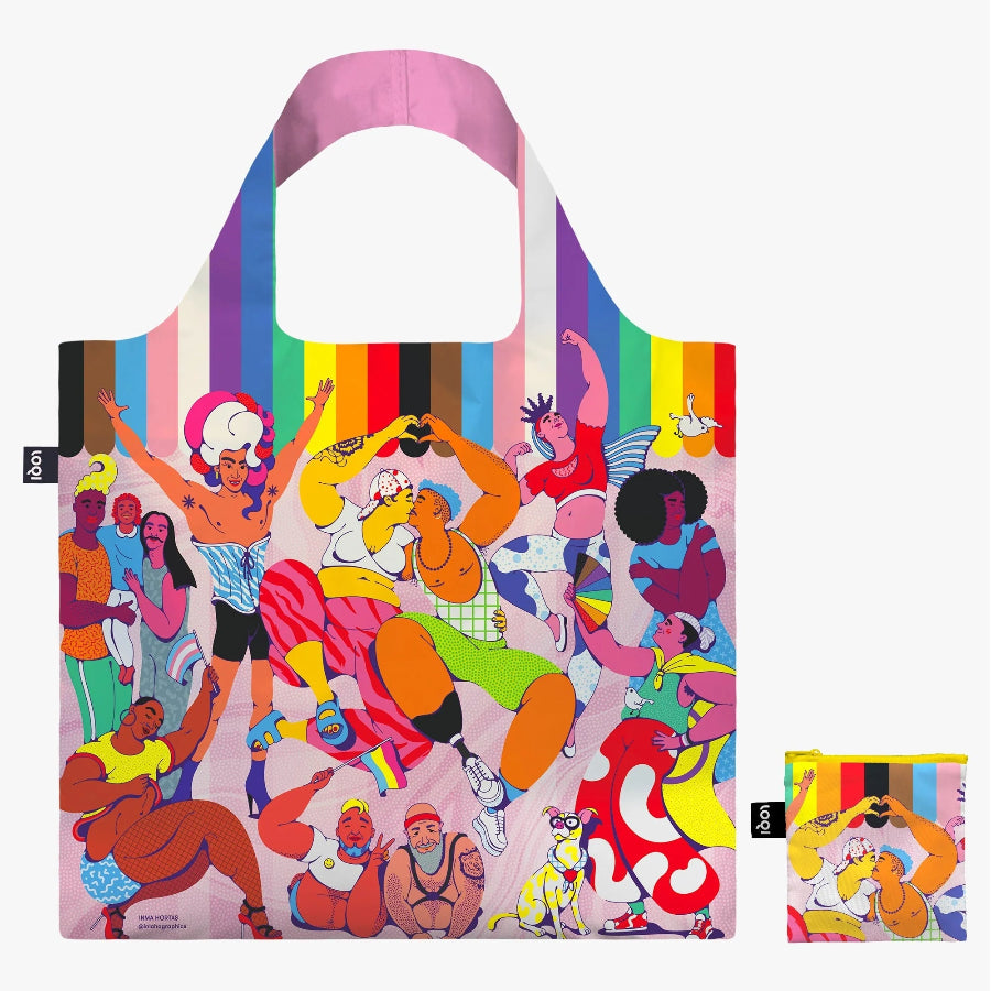 Colorful tote bag with artistic design of people and rainbow stripes on a white background