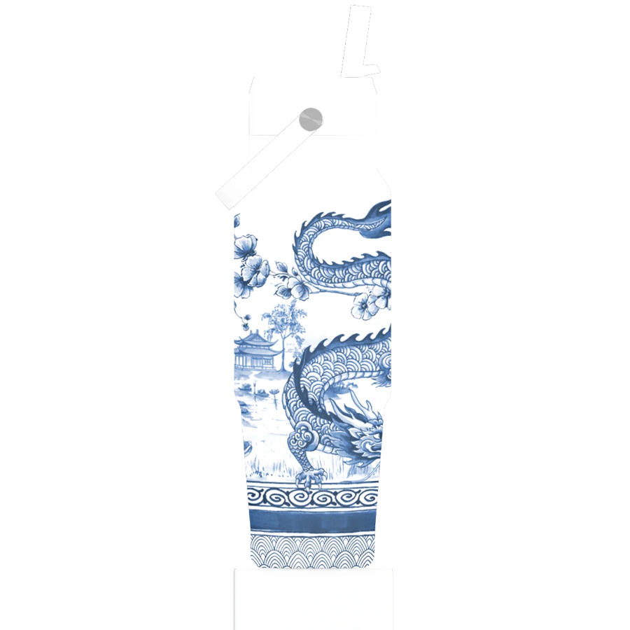 Decorative hanging with blue dragon design on a white background