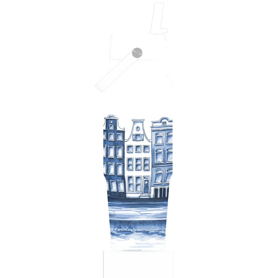 Decorative hanging with blue and white architectural design on a white background