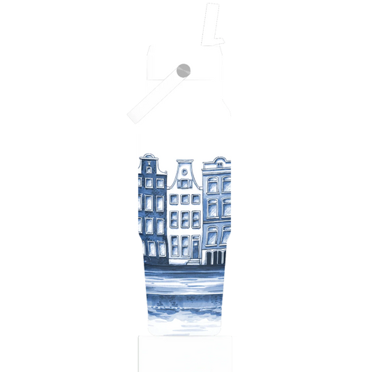 Decorative hanging with blue and white architectural design on a white background