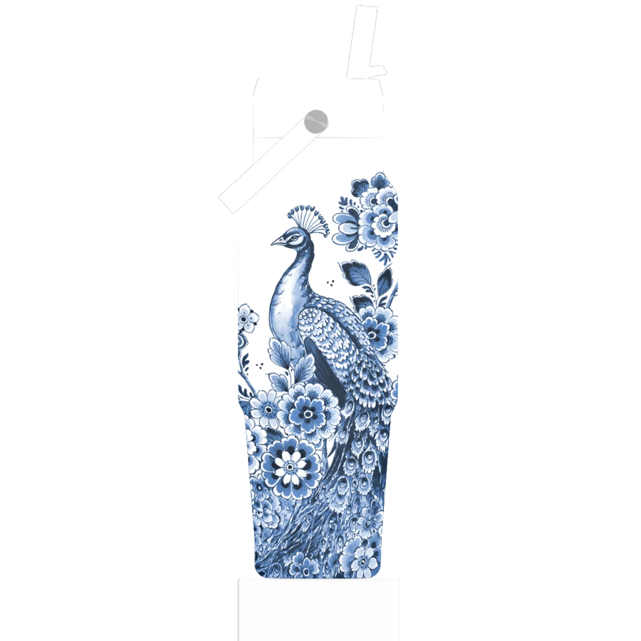Decorative hanging with a blue peacock and floral design on a white background