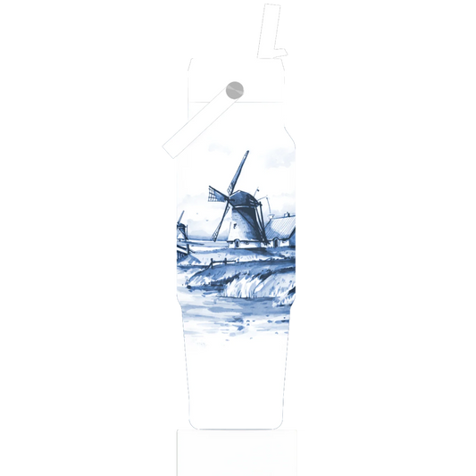 White apron with a blue and white windmill design on a white background
