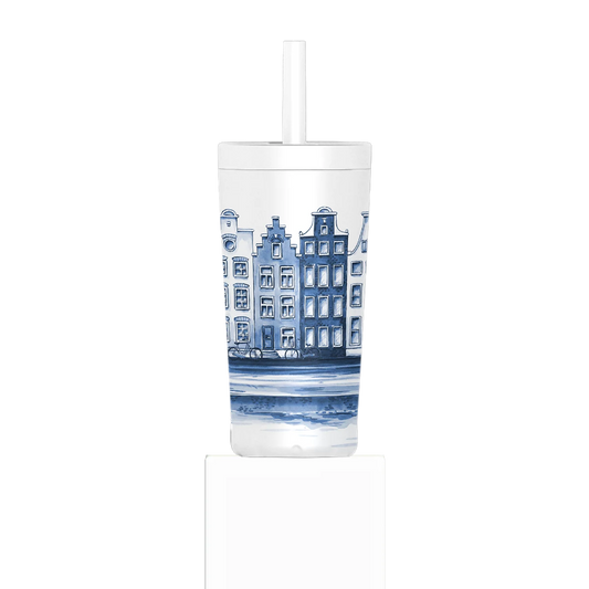 Tumbler with blue architectural design on a white background
