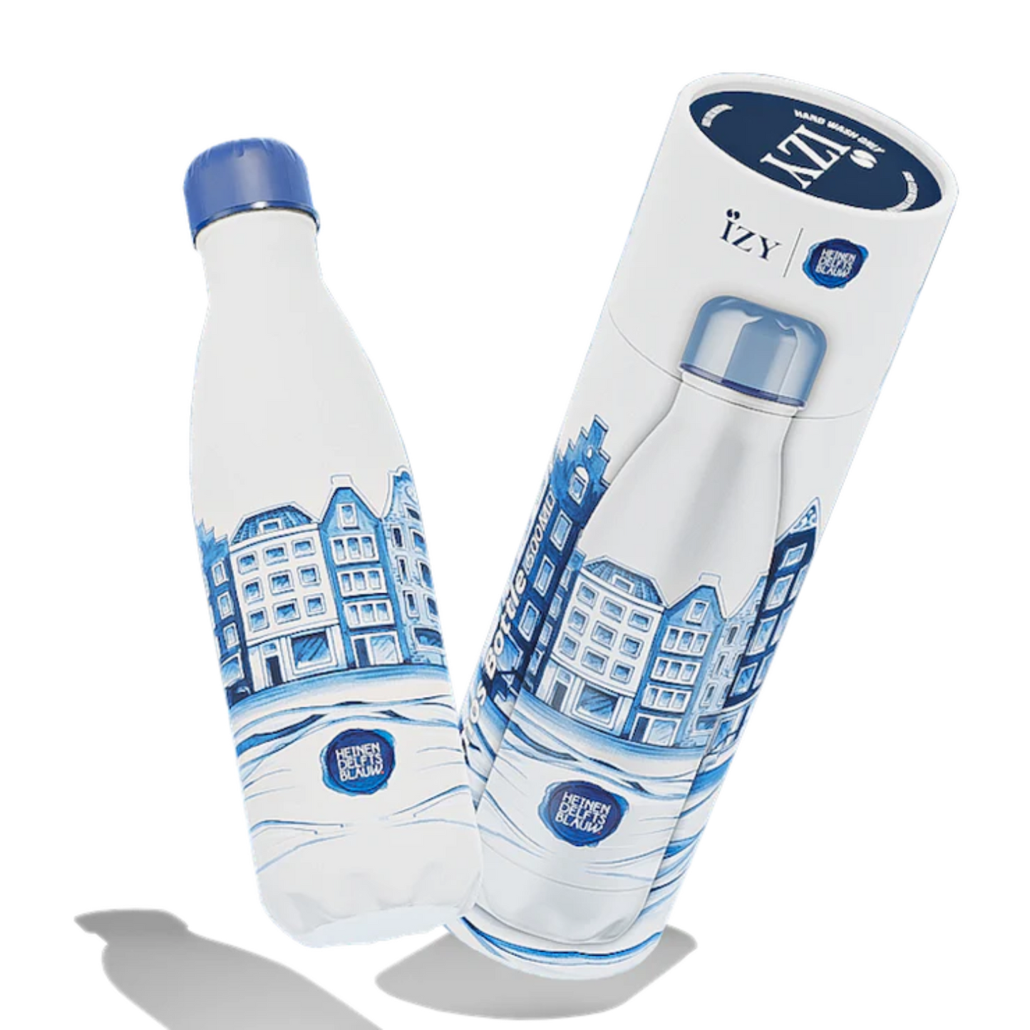 IZY Bottle Plateel 500 ml Heinen Delfts Blauw Amsterdam canal houses insulated water bottle