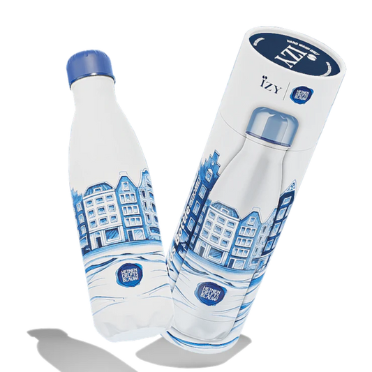 IZY Bottle Plateel 500 ml Heinen Delfts Blauw Amsterdam canal houses insulated water bottle