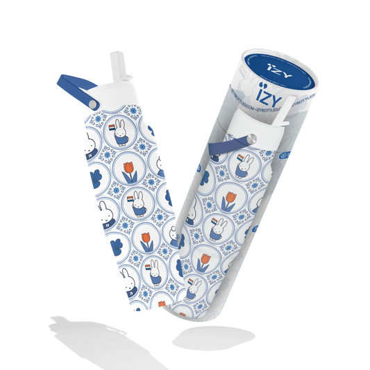 IZY bottle with blue and white patterned design on a white background