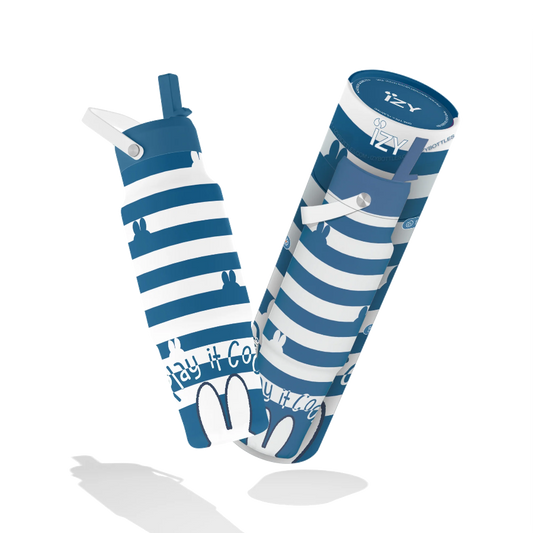 Blue and white striped tumbler with straw and matching packaging on a white background