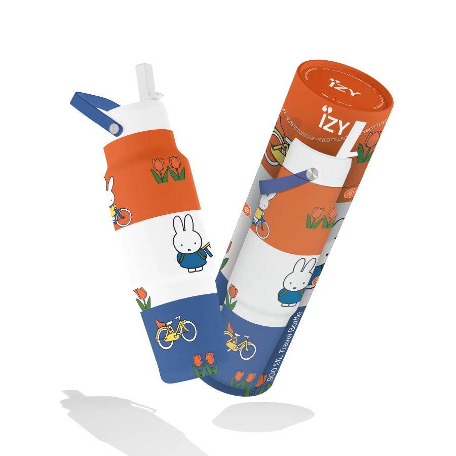 Children's water bottle with cartoon character design and IZY branding on a white background