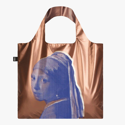 Foldable tote bag with 'Girl with a Pearl Earring' design on a white background