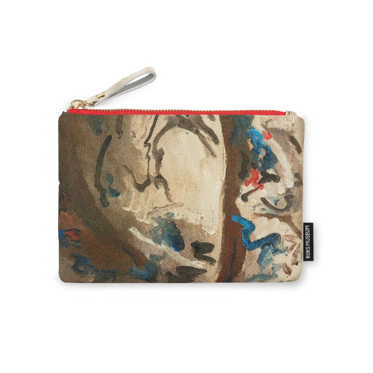 A small zip pouch featuring an abstract painting print with brown, beige, blue, and red tones, a red zipper, and a silver wrist loop, shown on a plain white background.