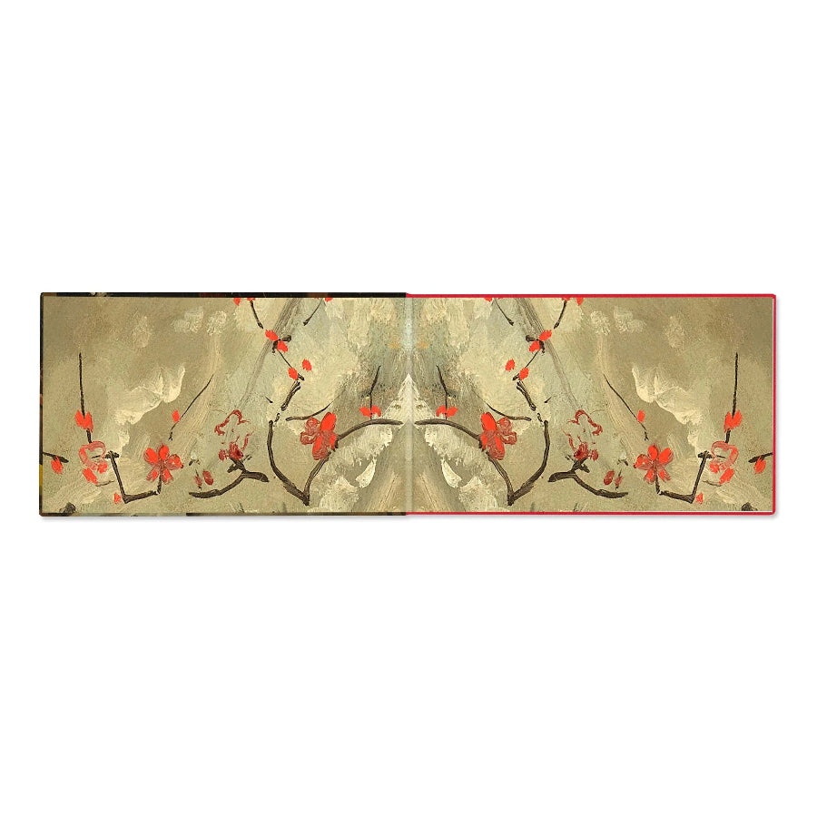 A rectangular art print or decorative panel featuring a symmetrical floral design with red blossoms on dark branches over a textured beige and gray background, shown against a plain white backdrop.